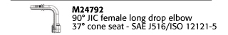 M24792 90° JIC female long drop elbow 37° cone seat - SAE J516/ISO 12121-5
