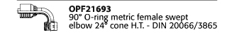 OPF21693 90° O-ring metric female swept elbow 24° cone H.T. - DIN 20066/3865