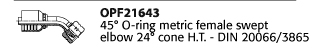 OPF21643 45° O-ring metric female swept elbow 24° cone H.T. - DIN 20066/3865